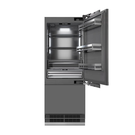 ZLINE Autograph Edition 30 in. 16.1 cu. ft. Panel Ready Built-In Bottom Freezer Refrigerator with Water Dispenser and Ice Maker with Graphite Gray Interior and Champagne Bronze Accents (GRBIVZ-30-CB)
