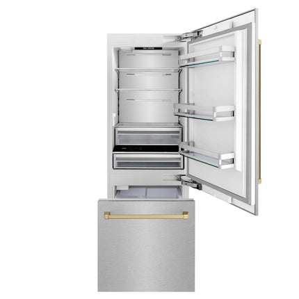 ZLINE Autograph Edition 30 in. 16.1 cu. ft. Built-In Bottom Freezer Refrigerator with Water Dispenser and Ice Maker in Satin Stainless Steel with Champagne Bronze Accents (RBIVZ-SN-30-CB)