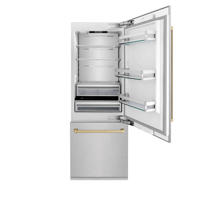 ZLINE Autograph Edition 30 in. 16.1 cu. ft. Built-In Bottom Freezer Refrigerator with Water Dispenser and Ice Maker in Satin Stainless Steel with Champagne Bronze Accents (RBIVZ-SN-30-CB)