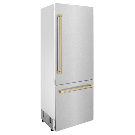 ZLINE Autograph Edition 30 in. 16.1 cu. ft. Built-In Bottom Freezer Refrigerator with Water Dispenser and Ice Maker in Satin Stainless Steel with Champagne Bronze Accents (RBIVZ-SN-30-CB)