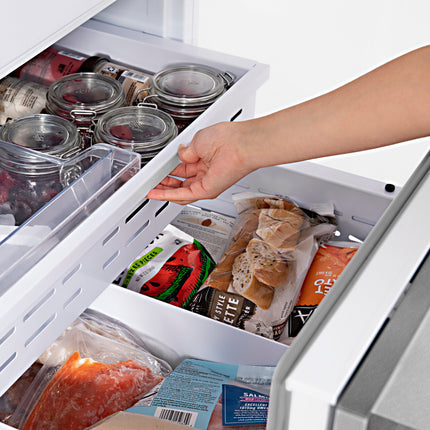 ZLINE Autograph Edition 30 in. 16.1 cu. ft. Built-In Bottom Freezer Refrigerator with Water Dispenser and Ice Maker in Satin Stainless Steel with Polished Gold Accents (RBIVZ-SN-30-G)
