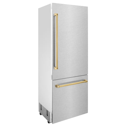 ZLINE Autograph Edition 30 in. 16.1 cu. ft. Built-In Bottom Freezer Refrigerator with Water Dispenser and Ice Maker in Satin Stainless Steel with Polished Gold Accents (RBIVZ-SN-30-G)