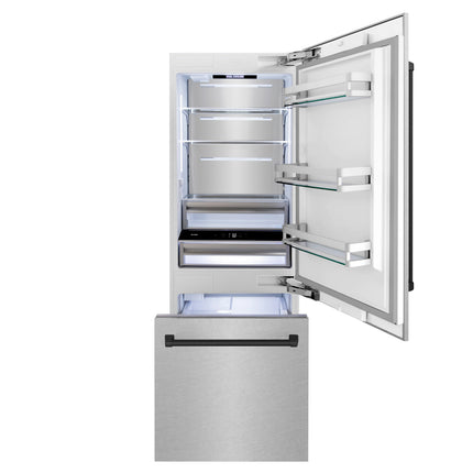 ZLINE Autograph Edition 30 in. 16.1 cu. ft. Built-In Bottom Freezer Refrigerator with Water Dispenser and Ice Maker in Satin Stainless Steel with Matte Black Accents (RBIVZ-SN-30-MB)