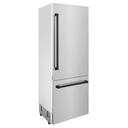 ZLINE Autograph Edition 30 in. 16.1 cu. ft. Built-In Bottom Freezer Refrigerator with Water Dispenser and Ice Maker in Satin Stainless Steel with Matte Black Accents (RBIVZ-SN-30-MB)