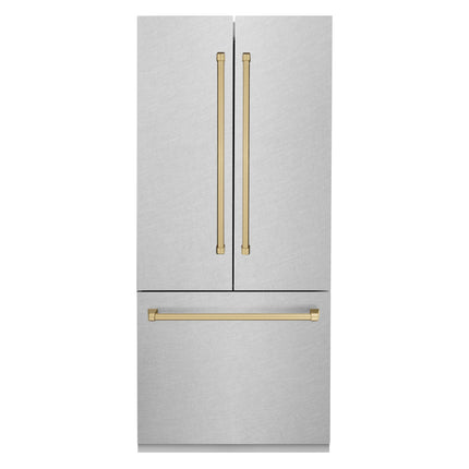 ZLINE Autograph Edition 36 in. 19.6 cu. ft. French Door Built-In Bottom Freezer Refrigerator with Water Dispenser and Ice Maker in Satin Stainless Steel with Champagne Bronze Accents (RBIVZ-SN-36-CB)