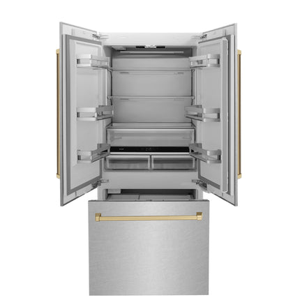 ZLINE Autograph Edition 36 in. 19.6 cu. ft. French Door Built-In Bottom Freezer Refrigerator with Water Dispenser and Ice Maker in Satin Stainless Steel with Champagne Bronze Accents (RBIVZ-SN-36-CB)