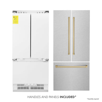 ZLINE Autograph Edition 36 in. 19.6 cu. ft. French Door Built-In Bottom Freezer Refrigerator with Water Dispenser and Ice Maker in Satin Stainless Steel with Champagne Bronze Accents (RBIVZ-SN-36-CB)