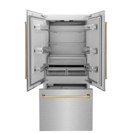 ZLINE Autograph Edition 36 in. 19.6 cu. ft. French Door Built-In Bottom Freezer Refrigerator with Water Dispenser and Ice Maker in Satin Stainless Steel with Polished Gold Accents (RBIVZ-SN-36-G)