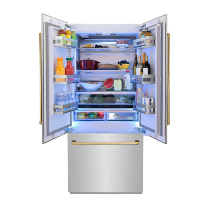 ZLINE Autograph Edition 36 in. 19.6 cu. ft. French Door Built-In Bottom Freezer Refrigerator with Water Dispenser and Ice Maker in Satin Stainless Steel with Polished Gold Accents (RBIVZ-SN-36-G)