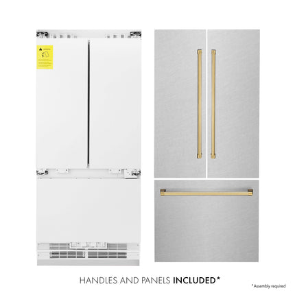 ZLINE Autograph Edition 36 in. 19.6 cu. ft. French Door Built-In Bottom Freezer Refrigerator with Water Dispenser and Ice Maker in Satin Stainless Steel with Polished Gold Accents (RBIVZ-SN-36-G)