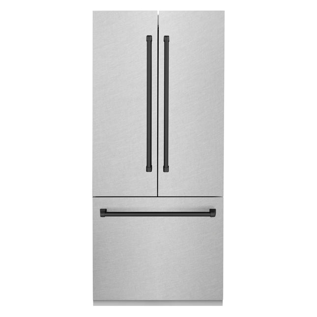 ZLINE Autograph Edition 36 in. 19.6 cu. ft. French Door Built-In Bottom Freezer Refrigerator with Water Dispenser and Ice Maker in Satin Stainless Steel with Matte Black Accents (RBIVZ-SN-36-MB)