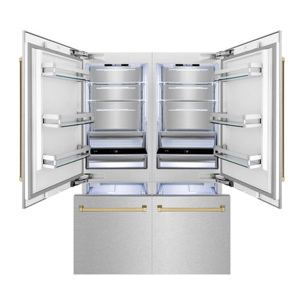 ZLINE Autograph Edition 60 in. 32.2 cu. ft. French Door Built-In Bottom Freezer Refrigerator with Water Dispenser and Ice Maker in Satin Stainless Steel with Champagne Bronze Accents (RBIVZ-SN-60-CB)