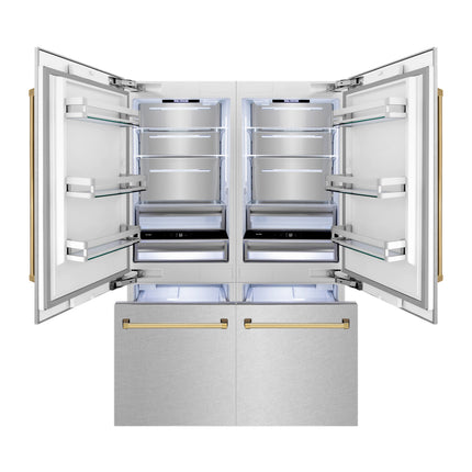 ZLINE Autograph Edition 60 in. 32.2 cu. ft. French Door Built-In Bottom Freezer Refrigerator with Water Dispenser and Ice Maker in Satin Stainless Steel with Polished Gold Accents (RBIVZ-SN-60-G)
