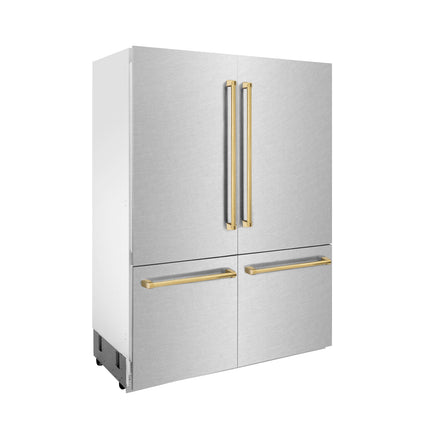 ZLINE Autograph Edition 60 in. 32.2 cu. ft. French Door Built-In Bottom Freezer Refrigerator with Water Dispenser and Ice Maker in Satin Stainless Steel with Polished Gold Accents (RBIVZ-SN-60-G)