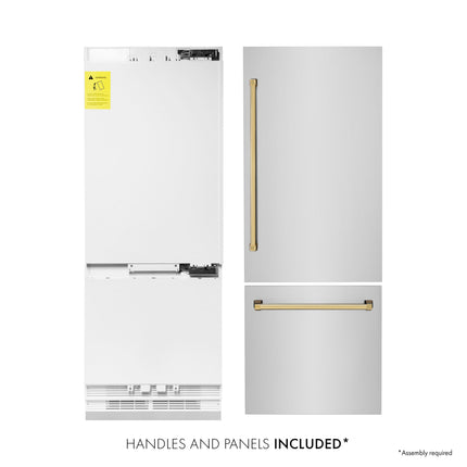 ZLINE Autograph Edition 30 in. 16.1 cu. ft. Built-In Bottom Freezer Refrigerator with Water Dispenser and Ice Maker in Stainless Steel with Polished Gold Accents (RBIVZ-304-30-G)