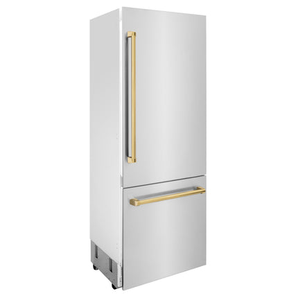 ZLINE Autograph Edition 30 in. 16.1 cu. ft. Built-In Bottom Freezer Refrigerator with Water Dispenser and Ice Maker in Stainless Steel with Polished Gold Accents (RBIVZ-304-30-G)