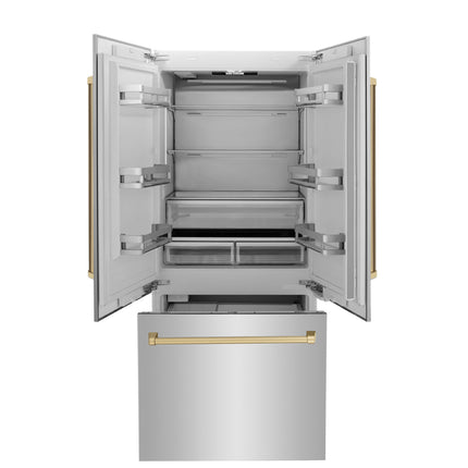 ZLINE Autograph Edition 36 in. 19.6 cu. ft. French Door Built-In Bottom Freezer Refrigerator with Water Dispenser and Ice Maker in Stainless Steel with Champagne Bronze Accents (RBIVZ-304-36-CB)