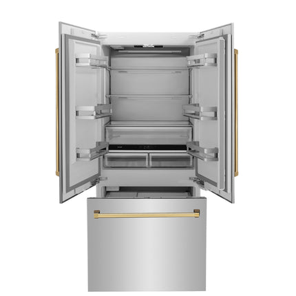 ZLINE Autograph Edition 36 in. 19.6 cu. ft. French Door Built-In Bottom Freezer Refrigerator with Water Dispenser and Ice Maker in Stainless Steel with Polished Gold Accents (RBIVZ-304-36-G)