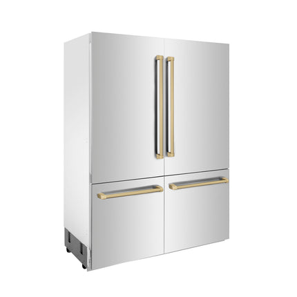 ZLINE Autograph Edition 60 in. 32.2 cu. ft. French Door Built-In Bottom Freezer Refrigerator with Water Dispenser and Ice Maker in Stainless Steel with Champagne Bronze Accents (RBIVZ-304-60-CB)
