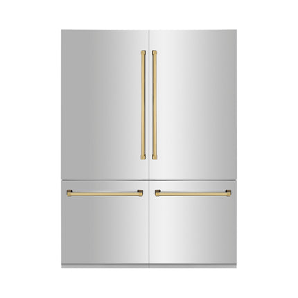 ZLINE Autograph Edition 60 in. 32.2 cu. ft. French Door Built-In Bottom Freezer Refrigerator with Water Dispenser and Ice Maker in Stainless Steel with Polished Gold Accents (RBIVZ-304-60-G)