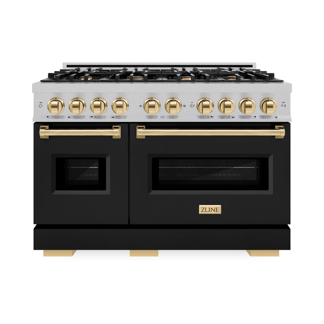 ZLINE Autograph Edition 48 in. 6.7 cu. ft. Classic Double Oven Dual Fuel Range with 8 Burner Gas Cooktop in Satin Stainless Steel with Black Matte Doors and Polished Gold Accents (CDRSZ-BLM-48-G)