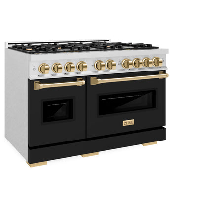 ZLINE Autograph Edition 48 in. 6.7 cu. ft. Classic Double Oven Dual Fuel Range with 8 Burner Gas Cooktop in Satin Stainless Steel with Black Matte Doors and Polished Gold Accents (CDRSZ-BLM-48-G)