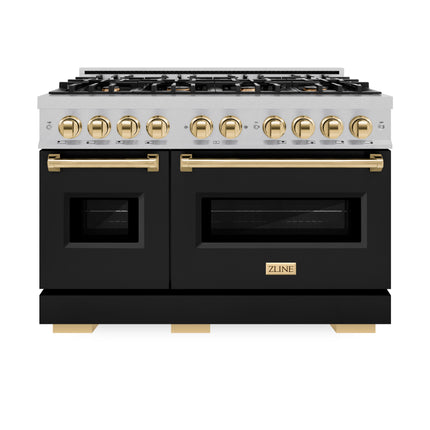 ZLINE Autograph Edition 48 in. 6.7 cu. ft. Classic Double Oven Gas Range with 8 Burner Cooktop in Satin Stainless Steel with Black Matte Doors and Polished Gold Accents (CGRSZ-BLM-48-G)