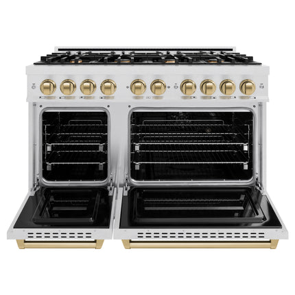 ZLINE Autograph Edition 48 in. 6.7 cu. ft. Classic Double Oven Gas Range with 8 Burner Cooktop in Satin Stainless Steel and Champagne Bronze Accents (CGRSZ-48-CB)