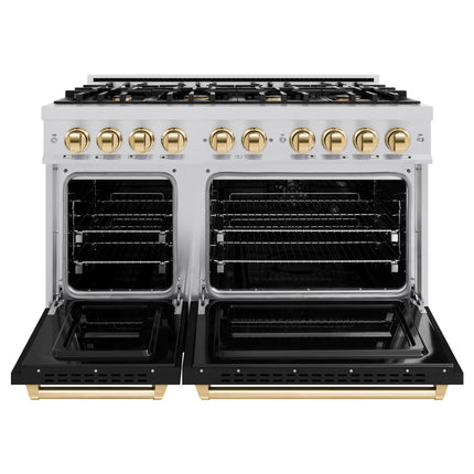 ZLINE Autograph Edition 48 in. 6.7 cu. ft. Classic Double Oven Dual Fuel Range with 8 Burner Gas Cooktop in Stainless Steel with Black Matte Doors and Polished Gold Accents (CDRZ-BLM-48-G)