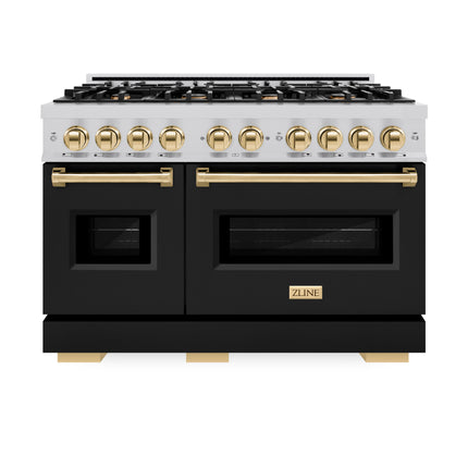 ZLINE Autograph Edition 48 in. 6.7 cu. ft. Classic Double Oven Dual Fuel Range with 8 Burner Gas Cooktop in Stainless Steel with Black Matte Doors and Polished Gold Accents (CDRZ-BLM-48-G)