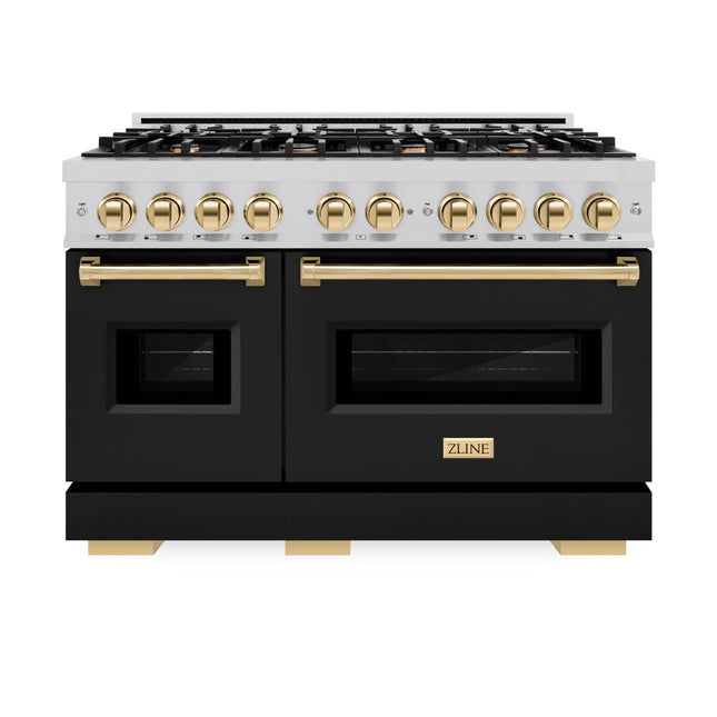 ZLINE Autograph Edition 48 in. 6.7 cu. ft. Classic Double Oven Dual Fuel Range with 8 Burner Gas Cooktop in Stainless Steel with Black Matte Doors and Polished Gold Accents (CDRZ-BLM-48-G)