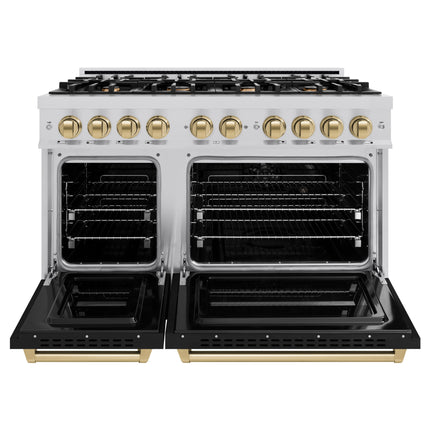 ZLINE Autograph Edition 48 in. 6.7 cu. ft. Classic Double Oven Gas Range with 8 Burner Cooktop in Stainless Steel with Black Matte Doors and Champagne Bronze Accents (CGRZ-BLM-48-CB)