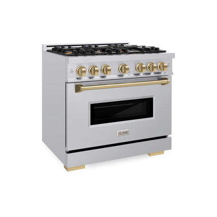 ZLINE Autograph Edition 36 in. 5.2 cu. ft. Classic Dual Fuel Range with 6 Burner Gas Cooktop and Electric Convection Oven in Stainless Steel with Champagne Bronze Accents (CDRZ-36-CB)
