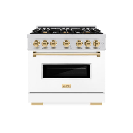 ZLINE Autograph Edition 36 in. 5.2 cu. ft. Classic Dual Fuel Range with 6 Burner Gas Cooktop and Electric Convection Oven in Stainless Steel with White Matte Door and Polished Gold Accents (CDRZ-WM-36-G)