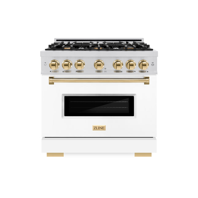ZLINE Autograph Edition 36 in. 5.2 cu. ft. Classic Dual Fuel Range with 6 Burner Gas Cooktop and Electric Convection Oven in Stainless Steel with White Matte Door and Polished Gold Accents (CDRZ-WM-36-G)