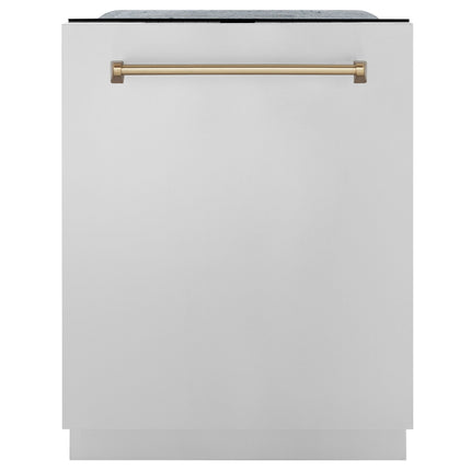 ZLINE Autograph Edition 24" Monument Series 3rd Rack Top Touch Control Tall Tub Dishwasher in Stainless Steel with Champagne Bronze Handle, 45dBa (DWMTZ-304-24-CB)