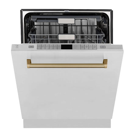 ZLINE Autograph Edition 30 in. Kitchen Package with Stainless Steel Dual Fuel Range, Range Hood, Dishwasher, and Refrigerator with External Water Dispenser with Champagne Bronze Accents (4AKPR-RARHDWM30-CB)