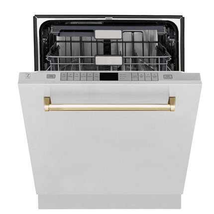 ZLINE Autograph Edition 30 in. Kitchen Package with Stainless Steel Dual Fuel Range, Range Hood, Dishwasher, and Refrigerator with External Water Dispenser with Polished Gold Accents (4AKPR-RARHDWM30-G)