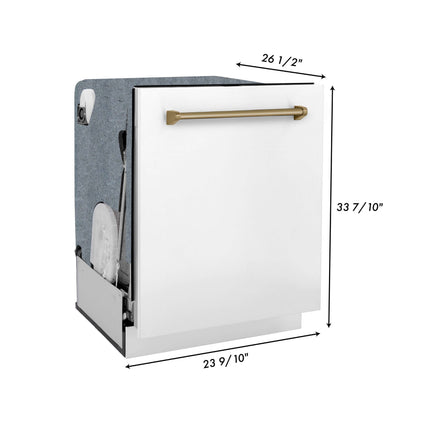 ZLINE Autograph Edition 30 in. Kitchen Package with Stainless Steel Dual Fuel Range with White Matte Door, Range Hood and Dishwasher with Champagne Bronze Accents (3AKP-RAWMRHDWM30-CB)