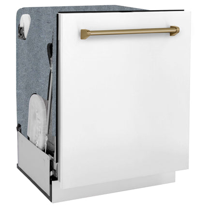 ZLINE Autograph Edition 30 in. Kitchen Package with Stainless Steel Dual Fuel Range with White Matte Door, Range Hood and Dishwasher with Champagne Bronze Accents (3AKP-RAWMRHDWM30-CB)