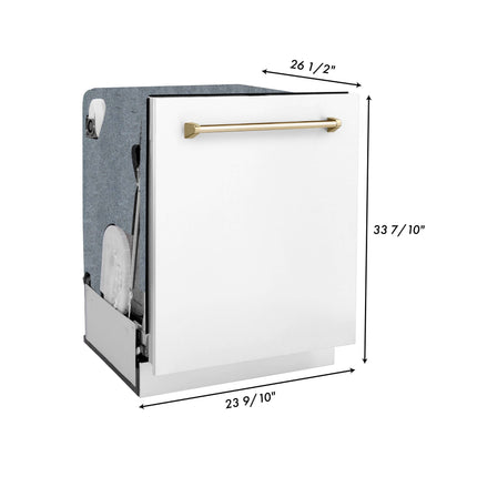 ZLINE Autograph Edition 30 in. Kitchen Package with Stainless Steel Dual Fuel Range with White Matte Door, Range Hood and Dishwasher with Polished Gold Accents (3AKP-RAWMRHDWM30-G)