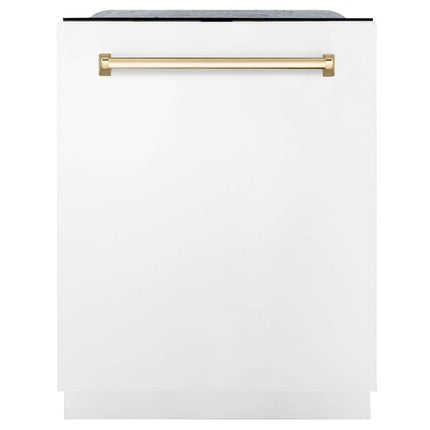 ZLINE Autograph Edition 30 in. Kitchen Package with Stainless Steel Dual Fuel Range with White Matte Door, Range Hood and Dishwasher with Polished Gold Accents (3AKP-RAWMRHDWM30-G)