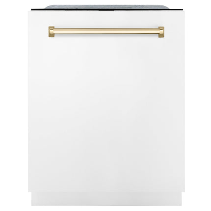 ZLINE 48 in. Autograph Edition Kitchen Package with Stainless Steel Dual Fuel Range with White Matte Door, Range Hood and Dishwasher with Polished Gold  Accents (3AKP-RAWMRHDWM48-G)