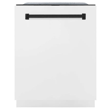 ZLINE Autograph Edition 30 in. Kitchen Package with Stainless Steel Dual Fuel Range with White Matte Door, Range Hood and Dishwasher with Matte Black Accents (3AKP-RAWMRHDWM30-MB)