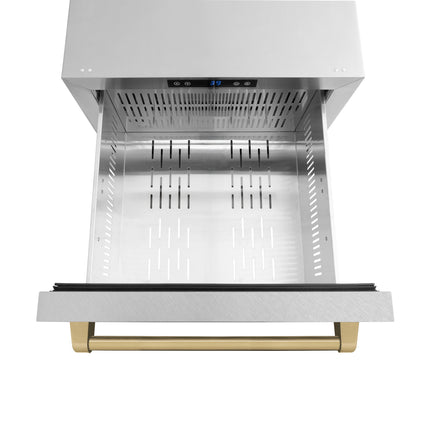 ZLINE Autograph Edition 24 in. Touchstone 168 Can Outdoor-Rated Dual Refrigerator Drawer with Satin Stainless Steel Doors and Champagne Bronze Handles (RDSOZ-SN-24-CB)