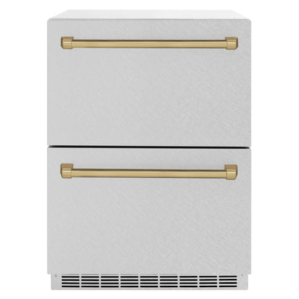 ZLINE Autograph Edition 24 in. Touchstone 168 Can Outdoor-Rated Dual Refrigerator Drawer with Satin Stainless Steel Doors and Champagne Bronze Handles (RDSOZ-SN-24-CB)