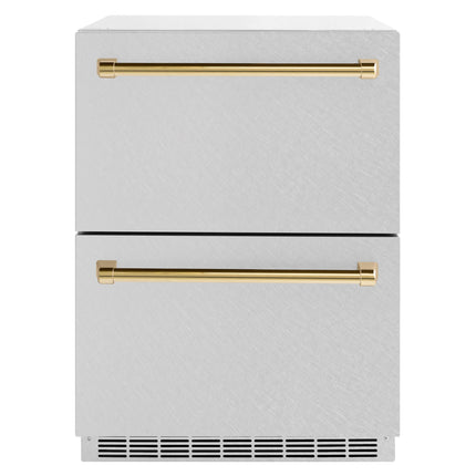 ZLINE Autograph Edition 24 in. Touchstone 168 Can Outdoor-Rated Dual Refrigerator Drawer with Satin Stainless Steel Doors and Polished Gold Handles (RDSOZ-SN-24-G)