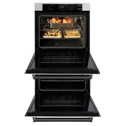 ZLINE 30 in. Autograph Edition Professional True Convection Double Wall Oven with Air Fry and Self Clean in Satin Stainless Steel with White Matte Doors and Matte Black Handles (WADSZ-WM-30-MB)