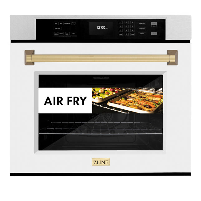 ZLINE 30 in. Autograph Edition Professional True Convection Single Wall Oven with Air Fry and Self Clean in Satin Stainless Steel with White Matte Door and Champagne Bronze Handle (WASSZ-WM-30-CB)