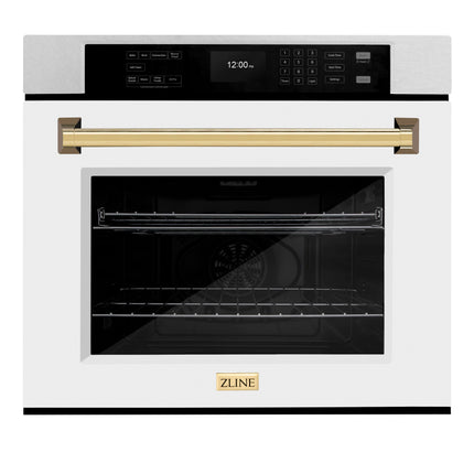 ZLINE 30 in. Autograph Edition Professional True Convection Single Wall Oven with Air Fry and Self Clean in Satin Stainless Steel with White Matte Door and Polished Gold Handle (WASSZ-WM-30-G)